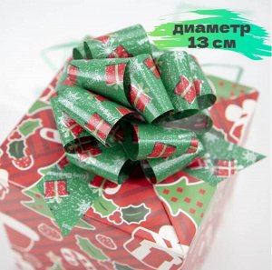 Бант для подарка зеленый с подарками и снежинками