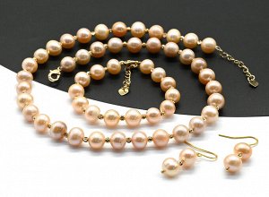Бусы, браслет и серьги из жемчуга шарик 8-9мм кремовый, 43см, 16см, 2см.