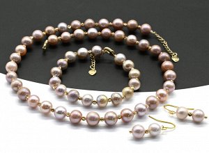 Бусы, браслет и серьги из жемчуга шарик 8-9мм розовый, 44см, 17см, 2см