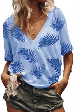 Голубая блуза с V-образным вырезом и лиственным узором