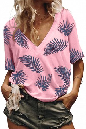 Розовая блуза с V-образным вырезом и лиственным узором