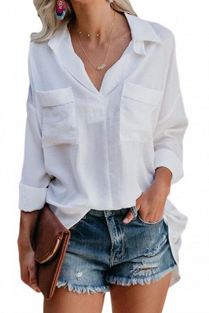 Белая удлиненная блуза-рубашка с нагрудными карманами
