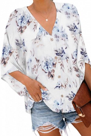 Белая свободная блуза с V-образным вырезом и цветочным рисунком