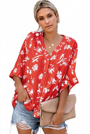 Красная свободная блуза с V-образным вырезом и цветочным рисунком