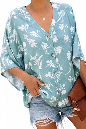 Голубая свободная блуза с V-образным вырезом и цветочным рисунком