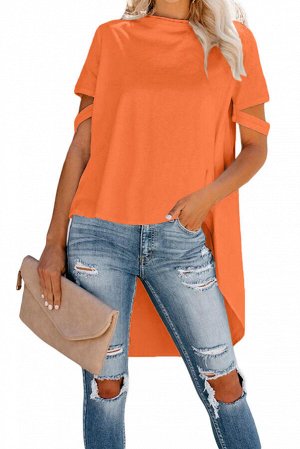 Оранжевая блуза-туника с удлинением сзади и разрезами на рукавах