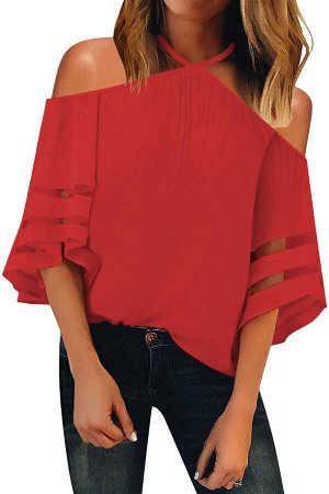 Красная свободная блуза с широкими рукавами 3/4 и открытыми плечами