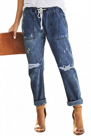 Темно-синие джинсы-джоггеры на шнурке с карманами и потертостями
