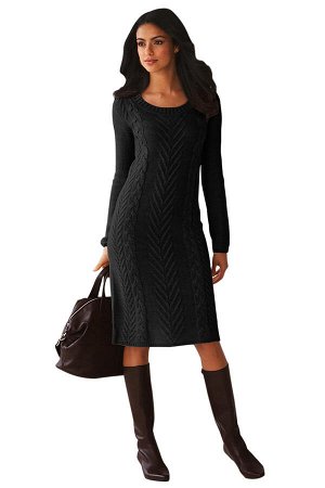 Черное вязаное платье-свитер с круглым вырезом