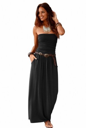 Черное макси платье с бандажным лифом без рукавов и юбкой с карманами