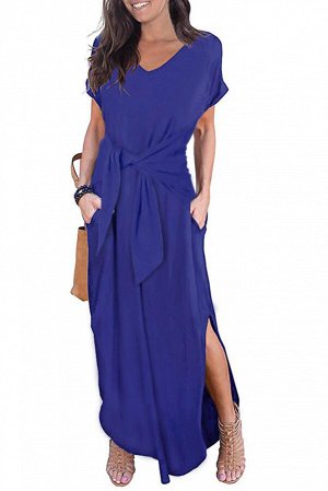 Синее макси платье с короткими рукавами и карманами