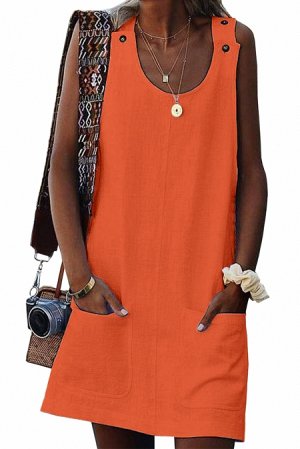 Оранжевое платье-сарафан с бретелями на пуговицах и карманами