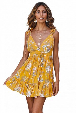 Желтое в цветочек платье-сарафан с открытой спиной и оборкой снизу