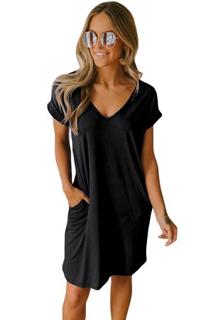 Черное платье-футболка с V-образным вырезом и карманами