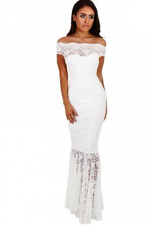 Белое кружевное платье-русалка со спущенными короткими рукавами