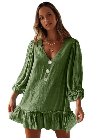 Зеленое мини платье А-силуэта с воланами на юбке и рукавах