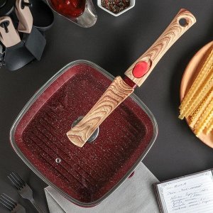 Сковорода-гриль литая «Рубин», 24x3,5 см, стеклянная крышка, съёмная ручка, индукция, цвет бордовый