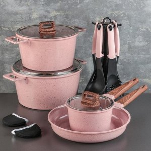 Набор посуды «Пинк», 4 предмета: кастрюли 8/6 л ,сковорода 30-4,5 см, ковш 2 л, набор приборов