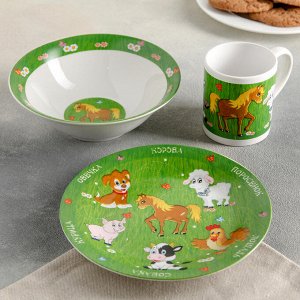 Набор посуды детский "Домашние животные", 3 предмета: тарелка 19 см, миска 18 см, кружка 240 мл, в подарочной упаковке
