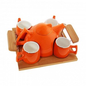 Чайный набор "Георгина": 4 кружки 140 мл, чайник 680 мл, цвет оранжевый, на подставке