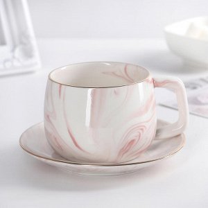 Чайная пара «Мрамор», чашка 250 мл, блюдце 13,5 см, цвет розовый