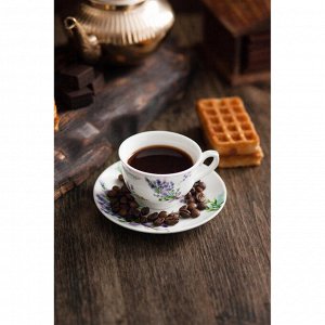 Кофейная пара фарфоровая Доляна «Лаванда», 2 предмета: чашка 80 мл, блюдце d=11,4 см, цвет белый