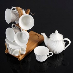 Набор чайный «Эстет», 13 предметов: чайник 500 мл, 6 чашек 160 мл, 6 блюдец 13 см, на деревянной подставке