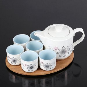 Набор чайный «Цветок», 8 предметов: чайник 600 мл, 6 чашек 100 мл, на деревянной подставке