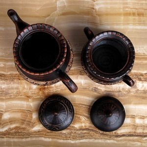 Чайный набор &quot;Витязь&quot; чайник-1 л и сахарница, роспись ангобом, красная глина, микс