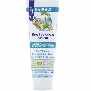 Badger Company, Clear Daily, натуральный солнцезащитный лосьон, фактор защиты от солнца 30, без запаха, 4 жидких унции (118 мл)