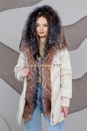Модный пуховик с мехом чернобурки. Оверсайз!