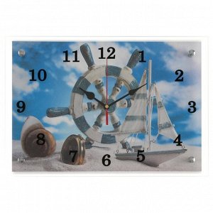 Часы настенные, серия: Море, "Штурвал и яхта на песке", 25х35  см, в ассортименте