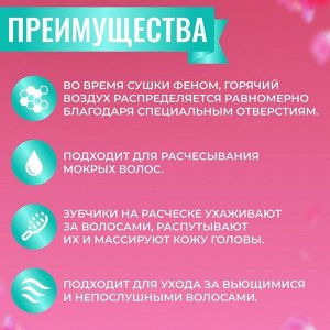 Расчёска массажная, широкая, вентилируемая, 8,5 ? 20,5 см, PVC коробка, цвет бирюзовый/розовый