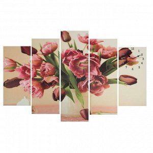 Часы настенные, модульные, серия: Цветы, "Бледно-красные тюльпаны", 80х140 см