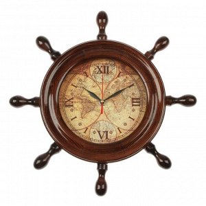 Часы настенные, серия: Интерьер, штурвал "Карта", деревянный обод, микс 34х34 см
