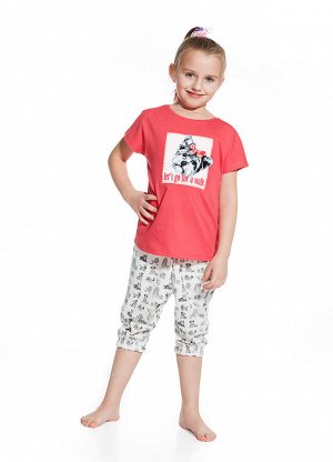 . Розовый + серый   Состав: 100% хлопок
Хлопковая детская пижама для девочки. Футболка с коротким рукавом и бриджи.