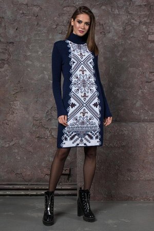 Теплое вязаное платье Ольга (синий, белый)
