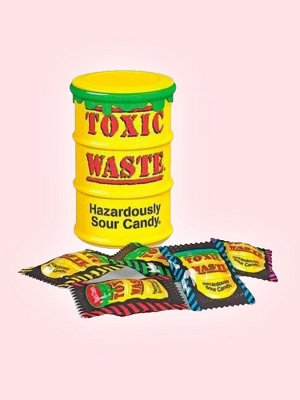 Кислые леденцы со вкусами яблоко, черешня, арбуз и лимон Toxic Waste Hazardously Sour Candy / Токсик вейст желтая бочка 42 гр