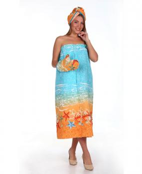 Комплект для сауны женский, 3 предмета, вафельная ткань (Морские звёзды)