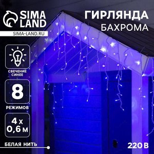 Гирлянда «Бахрома» 4 ? 0.6 м, IP44, белая нить, 180 LED, свечение синее, 8 режимов, 220 В
