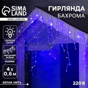Гирлянда «Бахрома» 4 ? 0.6 м, IP44, белая нить, 180 LED, свечение синее, мерцание белым, 220 В