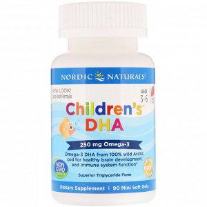 Nordic Naturals, Children&#039;s DHA, клубника, 250 мг, 90 мягких миникапсул