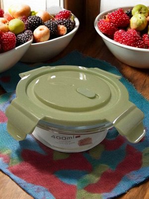 Контейнер для продуктов, 0,4 л, с клапаном, герметичная крышка, круглая, жаропрочное стекло (зеленый)
