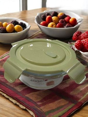 Контейнер для продуктов, 0,4 л, с клапаном, герметичная крышка, круглая, жаропрочное стекло (зеленый)