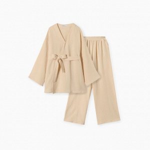 Комплект домашний женский (рубашка на запах, брюки) KAFTAN Basic, молочный
