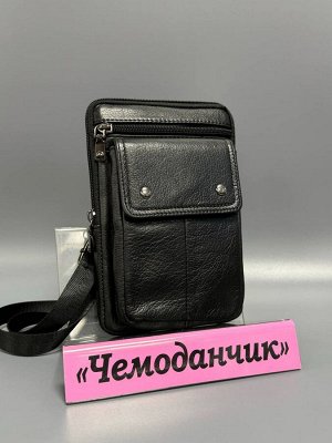 Сумка мужская через плечо черная кожаная