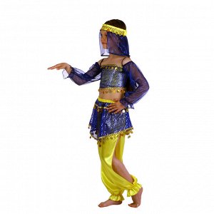 Карнавальный костюм "Восточная красавица. Шахерезада", топ с рукавами, штаны, повязка, цвет сине-жёлтый, р-р 28, рост 98-104 см