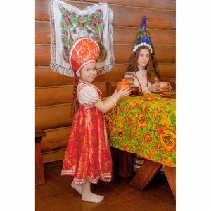 Русский народный костюм для девочки с кокошником, красно-бежевые узоры, р-р 60, рост 110-116 см