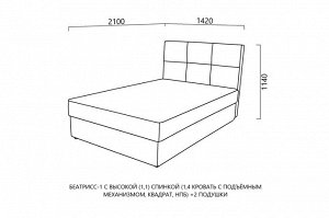 Кровать Беатрисс-1 с высокой(1,1) спинкой 1,4  НПБ квадрат + 2 подушки