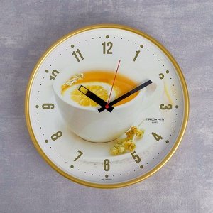 Часы настенные круглые "Чай с лимоном", золотистый обод, 30х30 см микс